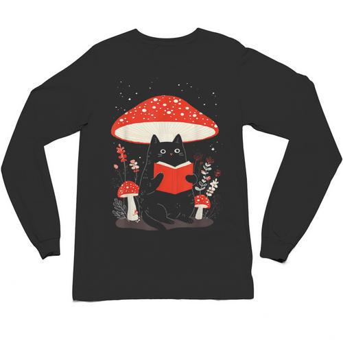 Kawaii Cottagecore Mushroom Cat Reading a Book Unisex Long Sleeve T-Shirt - Bookorys AU