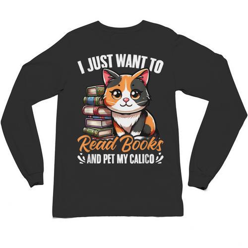 Kawaii Feline Book Reading Read Books Pet My Calico Cat Men Women Unisex Long Sleeve T-Shirt - Bookorys AU
