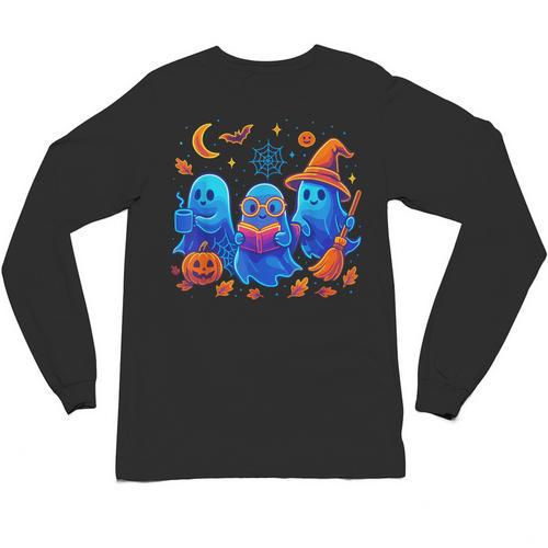 Little Ghost Coffee Tee Spooky Season Ghost Reading Book Unisex Long Sleeve T-Shirt - Bookorys CA