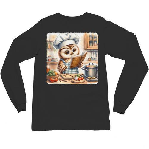 Owl Learning To Cook With Cookbook Chef Apron Stove Cooking Unisex Long Sleeve T-Shirt - Bookorys DE