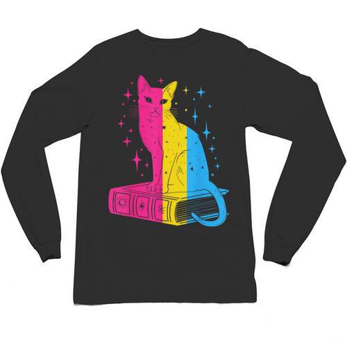 Pansexual Pride Celestial Cat Sitting Book LGBTQ Pan Colors Men Women Unisex Long Sleeve T-Shirt - Bookorys AU