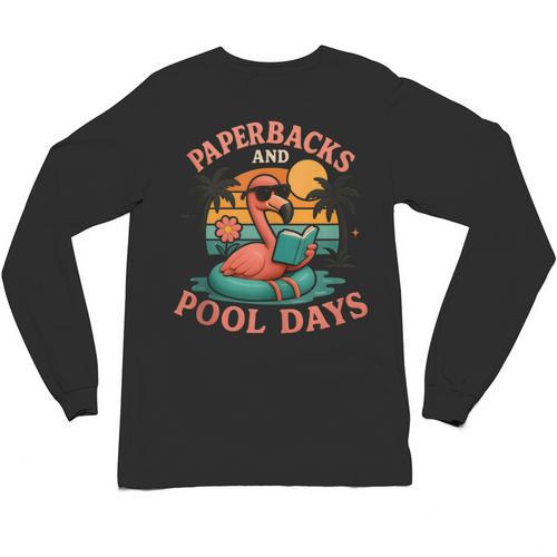 Paperbacks And Pool Days Flamingo Reading Summer Vibes Books Unisex Long Sleeve T-Shirt - Bookorys