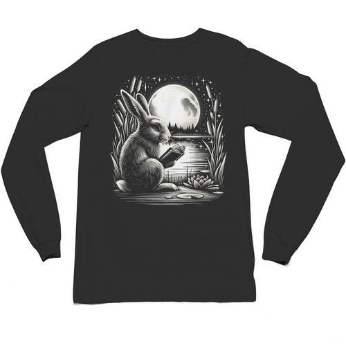 Rabbit Reading Book Full Moon Lake Scenery Unisex Long Sleeve T-Shirt - Bookorys