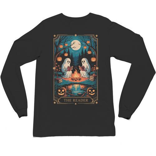 The Reader Bookish Cute Spooky Ghost Reading Book Tarot Card Unisex Long Sleeve T-Shirt - Bookorys UK