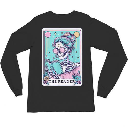 The Reader Retro Reading Skeleton Books Flowers Tarot Card Unisex Long Sleeve T-Shirt - Bookorys