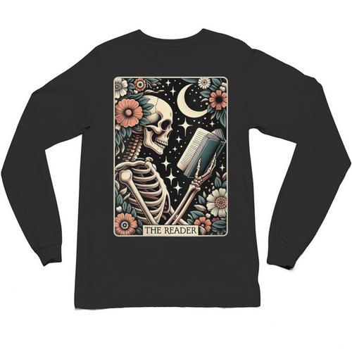 The Reader Tarot Card Skeleton Reading Book Bookworm Bookish Unisex Long Sleeve T-Shirt - Bookorys