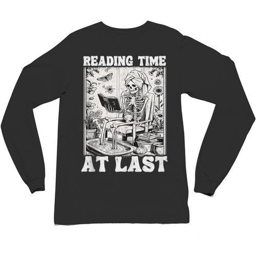 Reading Time At Last Book Lover Introvert Skeleton Reading Unisex Long Sleeve T-Shirt - Raresse