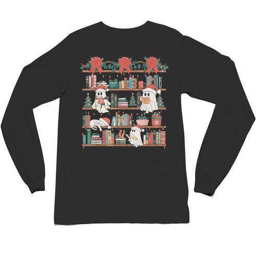 Retro Ghost Reading Book Teacher Librarian Bookish Christmas Unisex Long Sleeve T-Shirt - Bookorys CA
