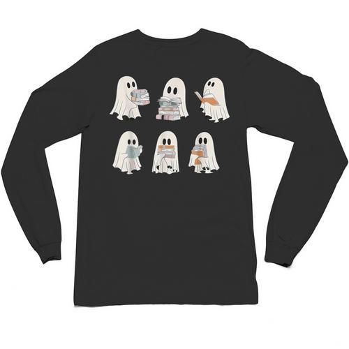 Retro Ghost Reading Books Halloween Bookish Ghost Bookworm Unisex Long Sleeve T-Shirt - Bookorys AU