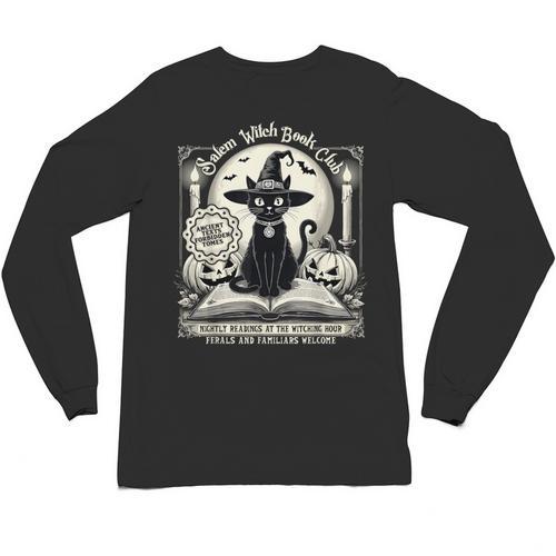Salem Witch Book Club Vintage Halloween Cat Book Lover Unisex Long Sleeve T-Shirt - Bookorys AU