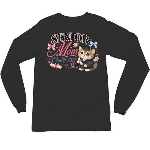 Senior Mom Class Of 2027 Cute Cat Graduation Pink Bows Girls Unisex Long Sleeve T-Shirt - Best Gift Smart