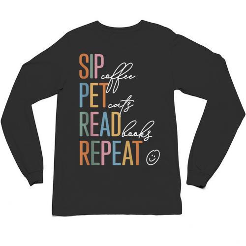 Sip Coffee Pet Cats Read Books Repeat Book Cat Lover Unisex Long Sleeve T-Shirt - Bookorys DE