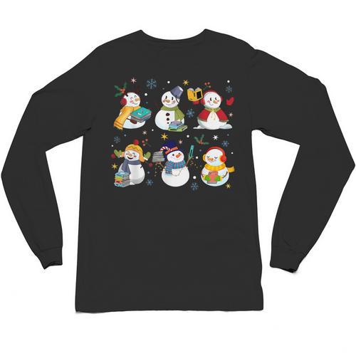 Snowman Reading Books Teacher Christmas Librarian Bookworm Unisex Long Sleeve T-Shirt - Bookorys