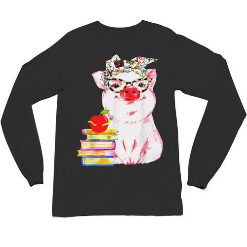 Teacher Pig Cute Farm Animal Book Lover School Student For Men Women Kids Unisex Long Sleeve T-Shirt - Bookorys AU
