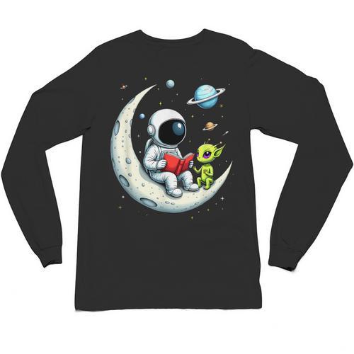 UFO Alien Astronaut Reading Book In Space Unisex Long Sleeve T-Shirt - Bookorys