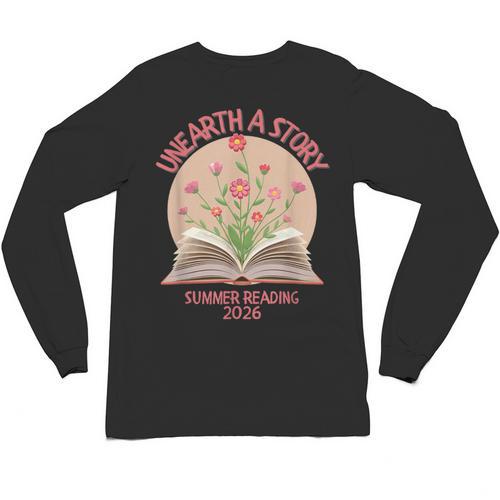 Unearth a Story 2026 Summer Reading Program Flowers Book Unisex Long Sleeve T-Shirt - Bookorys CA