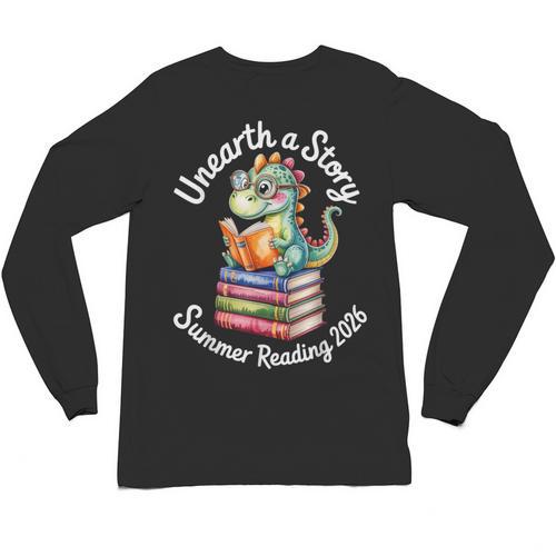 Unearth a Story Summer Reading 2026 Book Lover Dino Fun Unisex Long Sleeve T-Shirt - Bookorys
