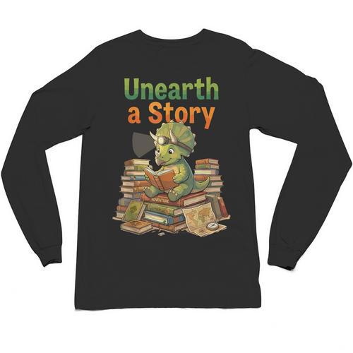 Unearth a Story Triceratops Dinosaur Reading Books Cute Dino Unisex Long Sleeve T-Shirt - Bookorys