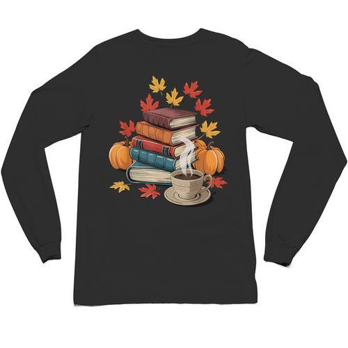 Vintage Books Tea Lovers Fall Autumn Leaves And Pumpkins Unisex Long Sleeve T-Shirt - Bookorys CA