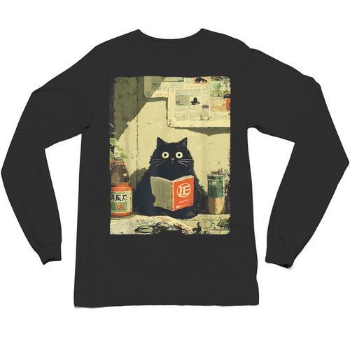 Vintage Japanese Cat Book Lovers Librarian Cat Dad Teacher Unisex Long Sleeve T-Shirt - Bookorys AU