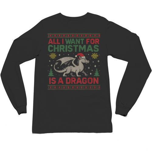 All I Want For Christmas Is A Dragon & Books Ugly Sweater Unisex Long Sleeve T-Shirt - Bookorys CA