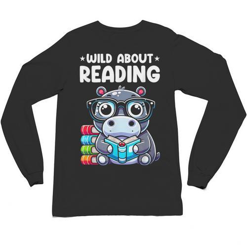 Wild About Reading Book Lover Hippo Unisex Long Sleeve T-Shirt - Bookorys CA