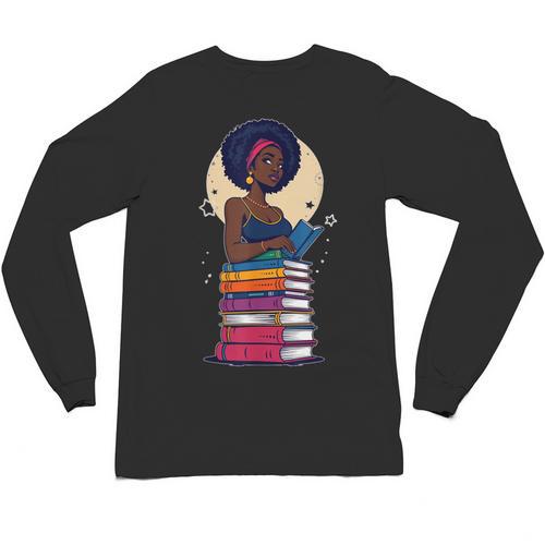 Woman And Books Stack Afro Girl Reading Lover Unisex Long Sleeve T-Shirt - Bookorys