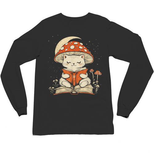 Women's Cottagecore Mushroom Cat Reading a Book Unisex Long Sleeve T-Shirt - Bookorys AU