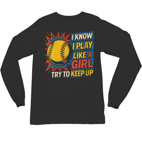 Women's Girls Softball Play Like A Girl Comic Book Pop Art Unisex Long Sleeve T-Shirt - Bookorys AU