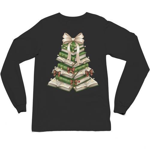 Xmas Tree Books Merry Christmas Coquette Bow Teacher Holiday Unisex Long Sleeve T-Shirt - Bookorys