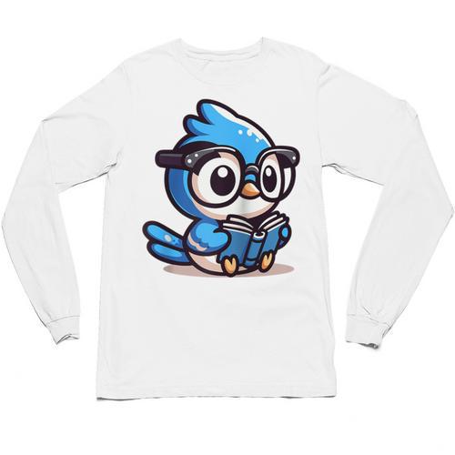 Adorable Book Lover Blue Jay With Reading Glasses Cute Raglan Baseball Tee Unisex Long Sleeve T-Shirt - Bookorys