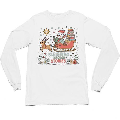 Book Lovers Winter Sleighing Through Stories Tee Premium Tri-Blend Unisex Long Sleeve T-Shirt - Bookorys AU