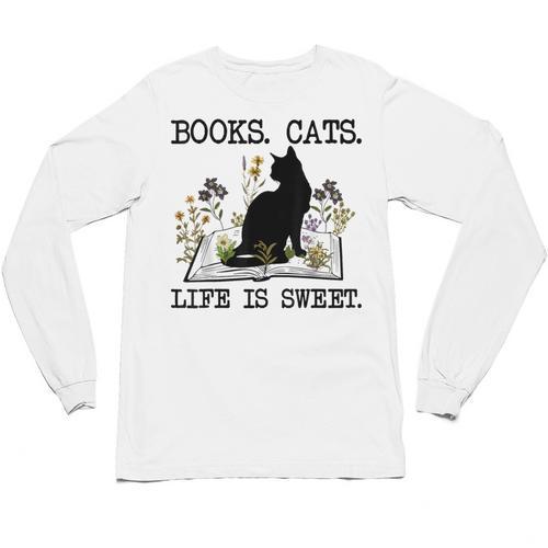 Books Cats Life Is Sweet Cat Book Lover Men Women Teen Unisex Long Sleeve T-Shirt - Bookorys DE