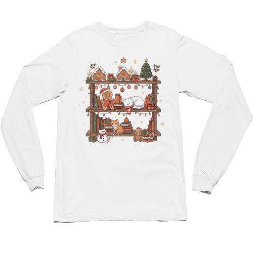 Christmas Cats Bookshelf Gingerbread Unisex Long Sleeve T-Shirt - Bookorys AU