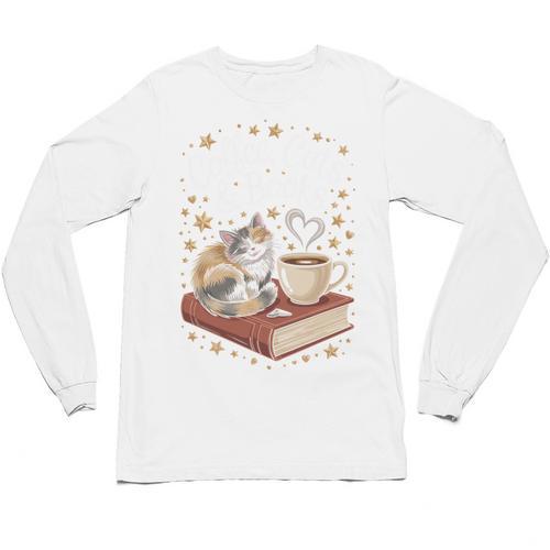 Coffee Cats & Books Cute Cat Book Lover Reading Unisex Long Sleeve T-Shirt - Bookorys