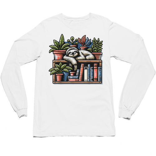 Cosy Sloth In Bookshelf With Plants Unisex Long Sleeve T-Shirt - Bookorys