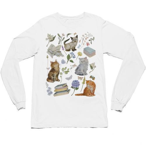 Cottagecore Cats And Books Floral Vintage Aesthetic Bookish Unisex Long Sleeve T-Shirt - Bookorys AU