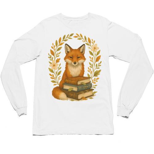 Cottagecore Whimsical Woodland Red Fox Behind Stack Of Books Unisex Long Sleeve T-Shirt - Bookorys