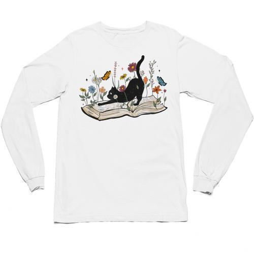 Cute Cat Flower Garden Book Kitty Reading Floral Men Women Girls Kids Unisex Long Sleeve T-Shirt - Bookorys AU