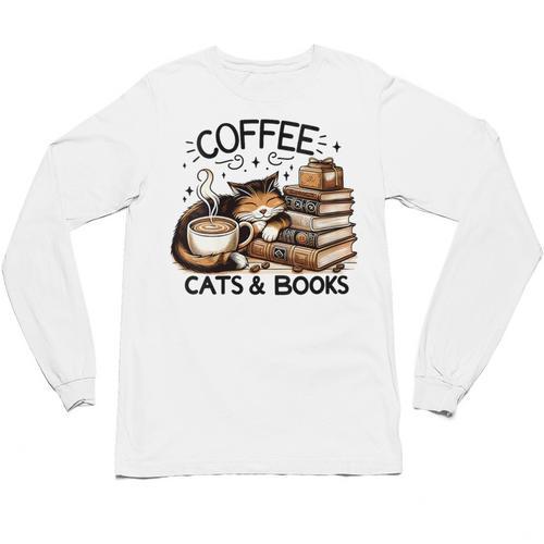 Cute Coffee Cats Books Lover Idea Women Men Kids Unisex Long Sleeve T-Shirt - Bookorys AU