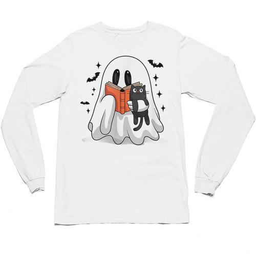 Cute Halloween Ghost Reading Book Unisex Long Sleeve T-Shirt - Bookorys UK