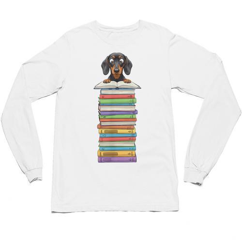 Cute Wiener Dog Dachshund Reading On Pile Of Books Unisex Long Sleeve T-Shirt - Bookorys CA