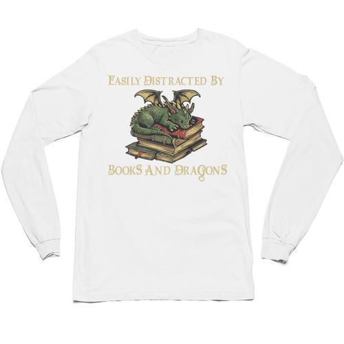 Easily Distracted By Books And Dragons Graphic Premium Unisex Long Sleeve T-Shirt - Bookorys UK