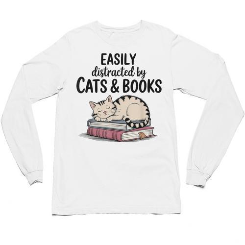 Easily Distracted By Cats And Books Cute Book Lover Unisex Long Sleeve T-Shirt - Bookorys AU