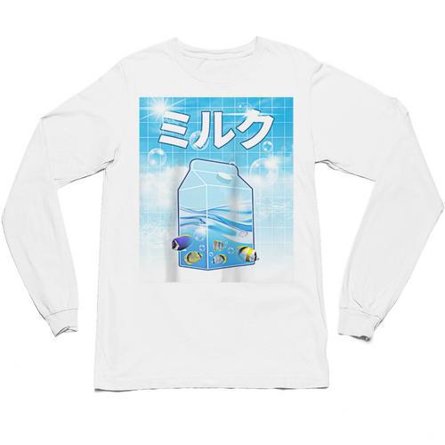 Frutiger Aero Aesthetic Tech Kawaii Milk Underwater Fishes Raglan Baseball Tee Unisex Long Sleeve T-Shirt - Figerry