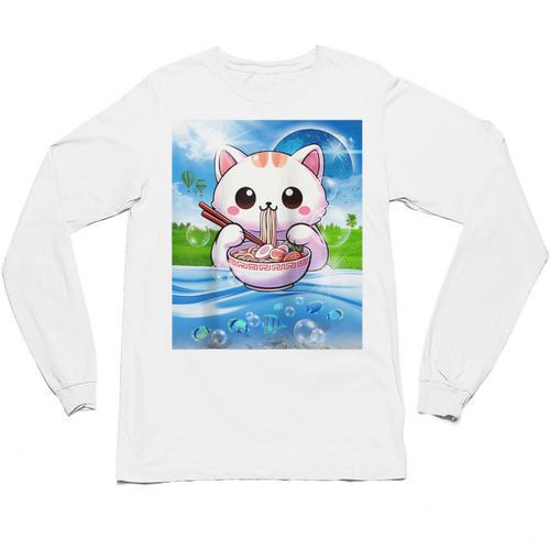 Frutiger Aero Aesthetic Tech Kawaii Ramen Cat Fishes Raglan Baseball Tee Unisex Long Sleeve T-Shirt - Figerry