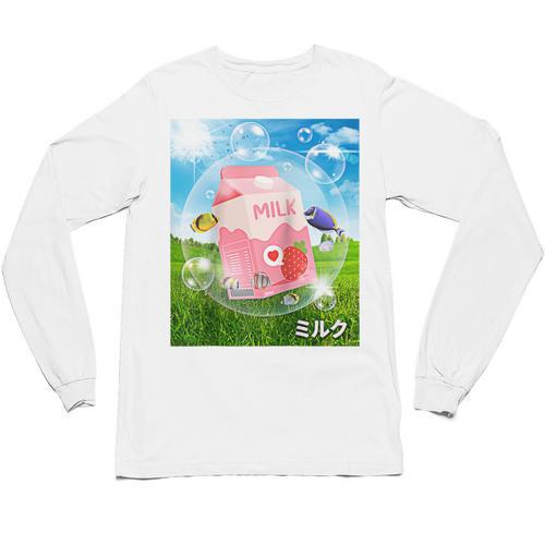 Frutiger Aero Aesthetic Tech Kawaii Strawberry Milk Fishes Raglan Baseball Tee Unisex Long Sleeve T-Shirt - Figerry