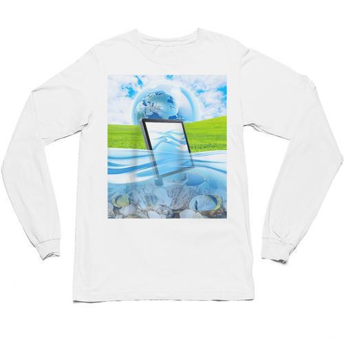 Frutiger Aero Aesthetic Tech Water Fishes Monitor Screen Raglan Baseball Tee Unisex Long Sleeve T-Shirt - Figerry