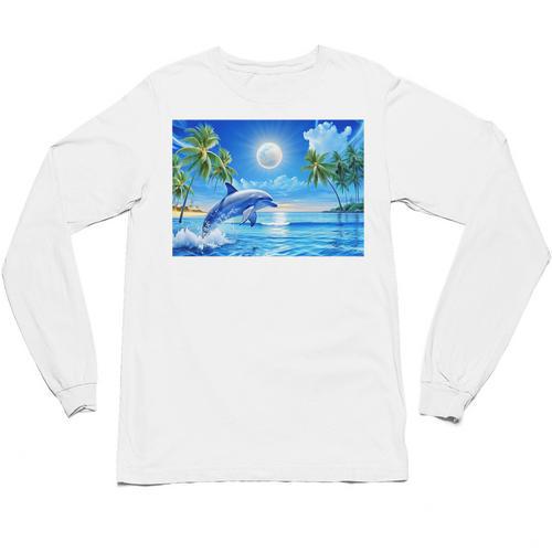 Frutiger Aero Dolphin Sunset Ocean With Palm Trees Y2k Premium Unisex Long Sleeve T-Shirt - Figerry