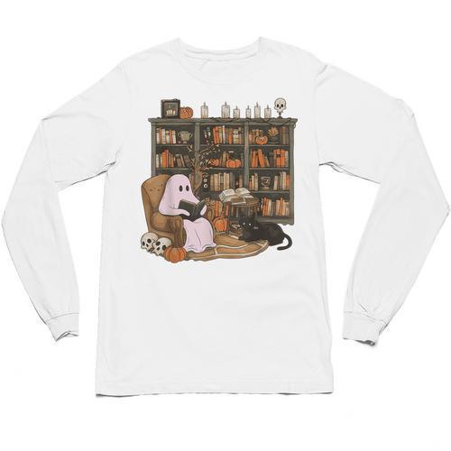 Ghost Reading Book Cat Lover Halloween Reading Enthusiast Unisex Long Sleeve T-Shirt - Bookorys AU